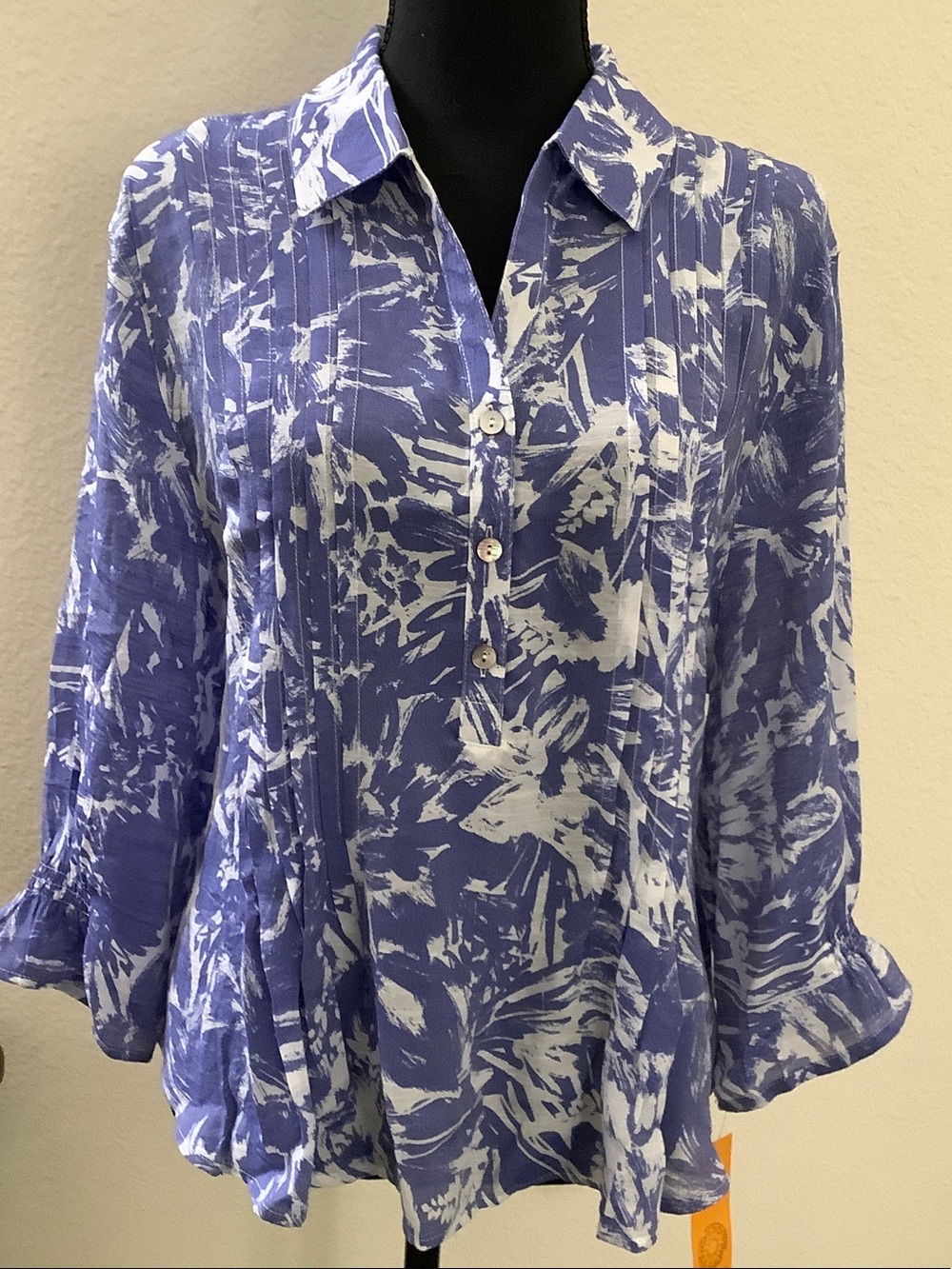 Ruby Rd. Blue and White Floral Pintuck Blouse